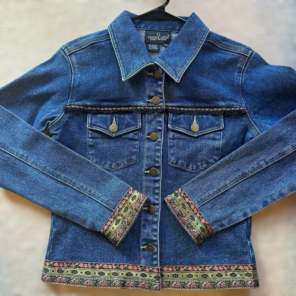 VTG Carole Little Sport Petite‎ Denim Jean Jacket Women's Size 4P Embroidered